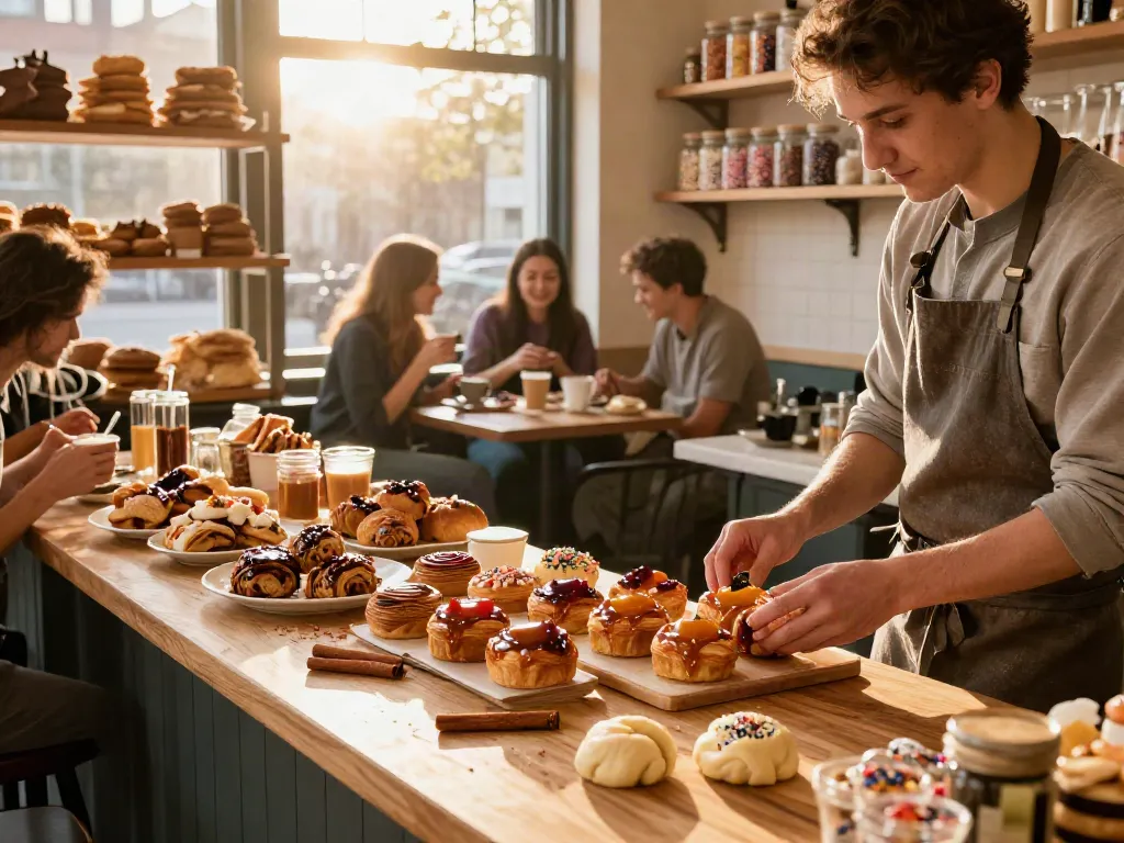 Freshly glazed sticky buns Calgary in a cozy bakery scene with warm light.