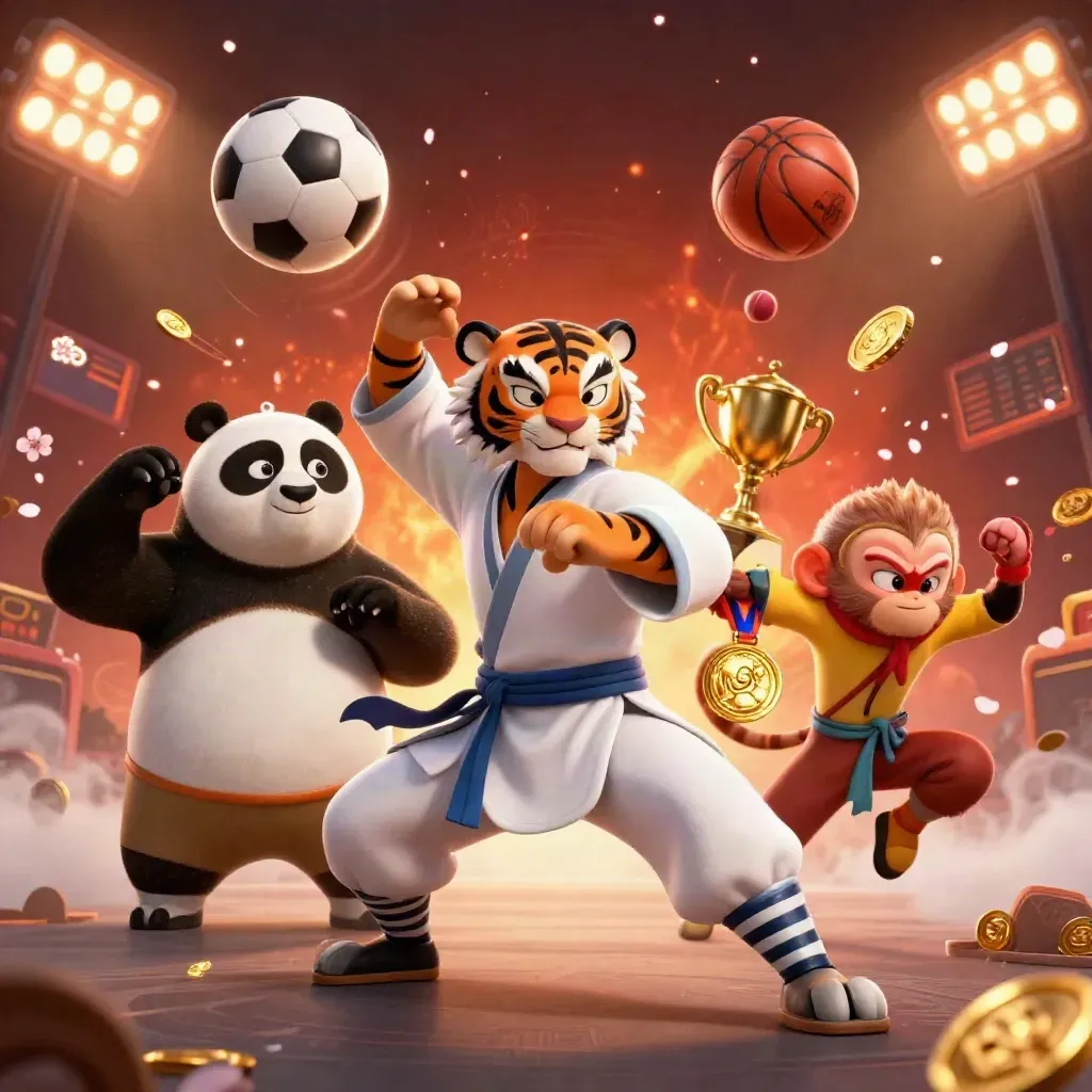 Tiger, panda, and monkey with flying balls, gold coins, and ember glow.