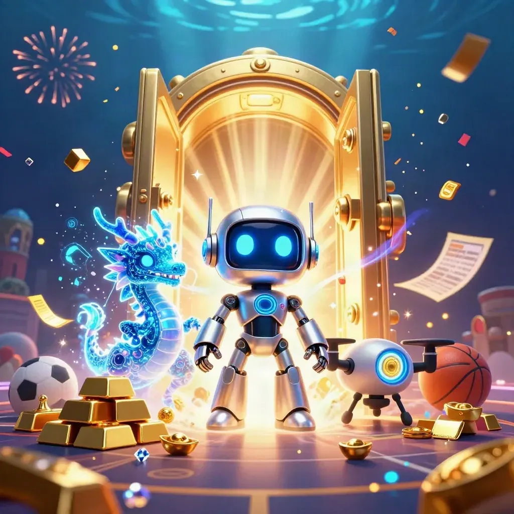 Robot mascot, holographic dragon and coin drone bursting from a gold vault in underwater light.