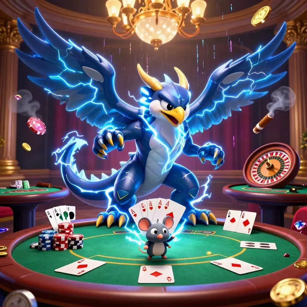 Thunder dragon, wind hawk, and thunder-mouse in a lavish casino with cards, chips, and glowing effects.