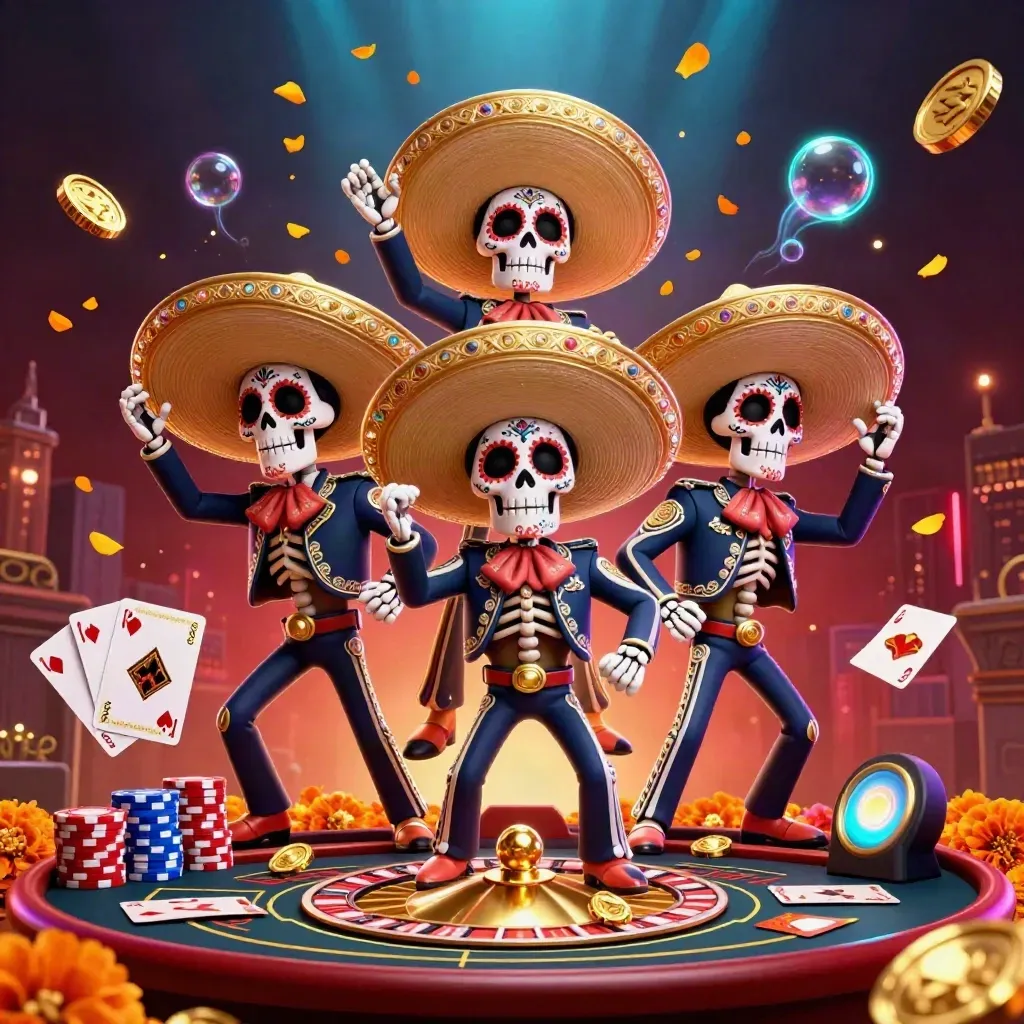 Day-of-the-Dead skeleton mariachi trio amid roulette, coins, cards, and neon casino lighting.