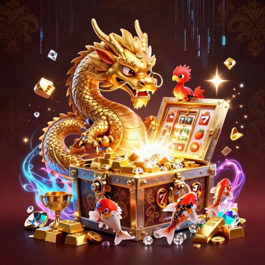 Golden dragon, phoenix and koi burst from a treasure chest amid casino gems and neon effects.