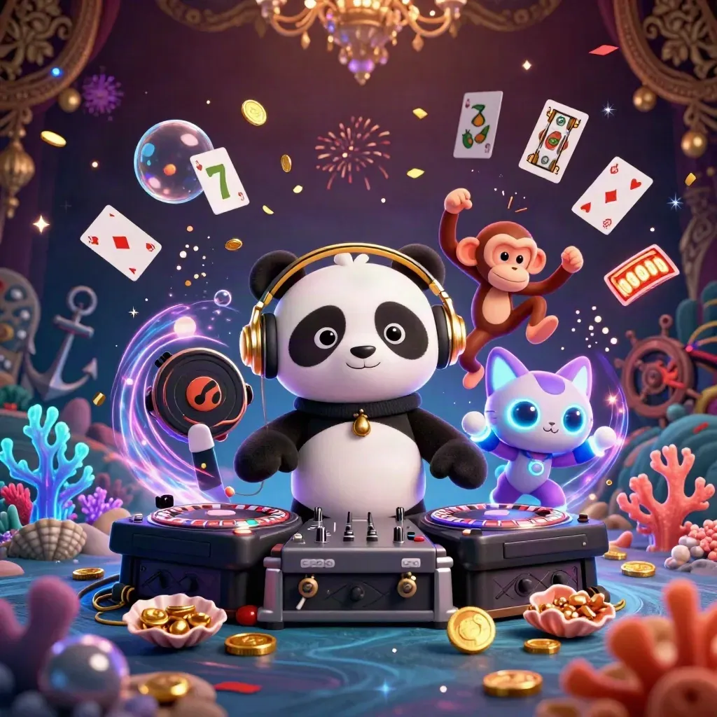 Panda DJ, dancing monkey, and rave kitten amid treasure, coral, cards, and casino glow.