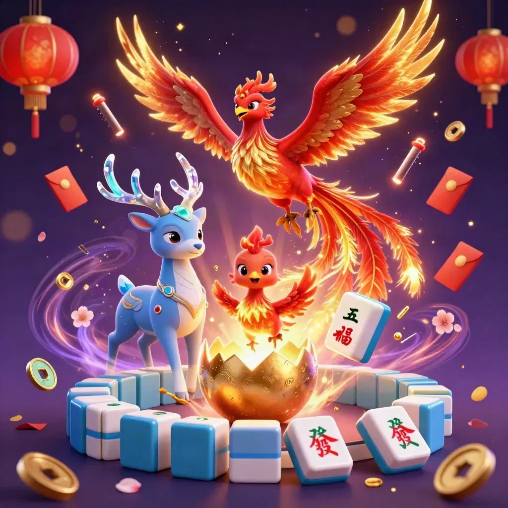 Phoenix, hatchling, and crystalline stag amid casino magic, lanterns, coins, petals, and gold sparkle.