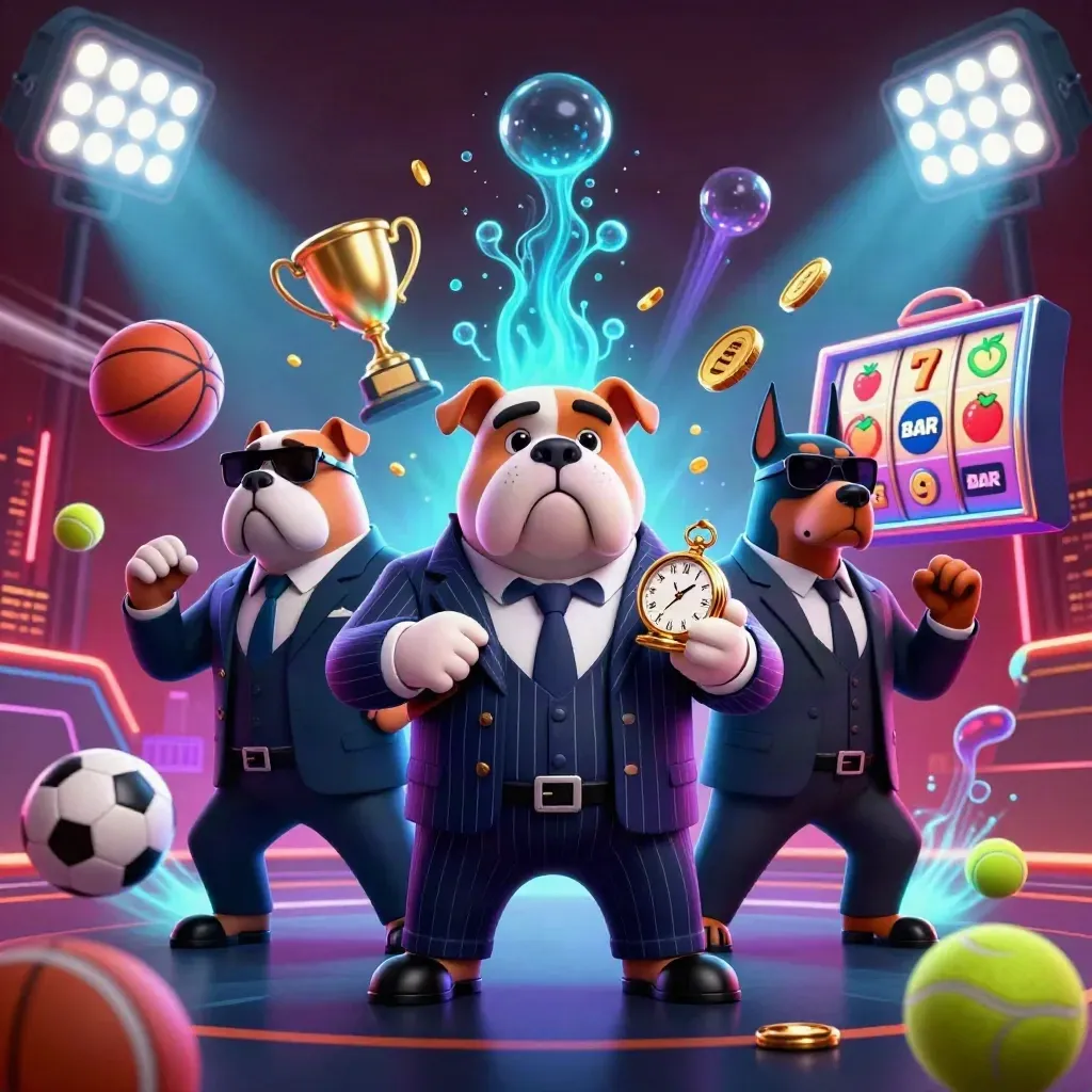 Bulldog boss and Dobermans amid flying sports balls, coins, trophy, neon glow, dark city skyline.