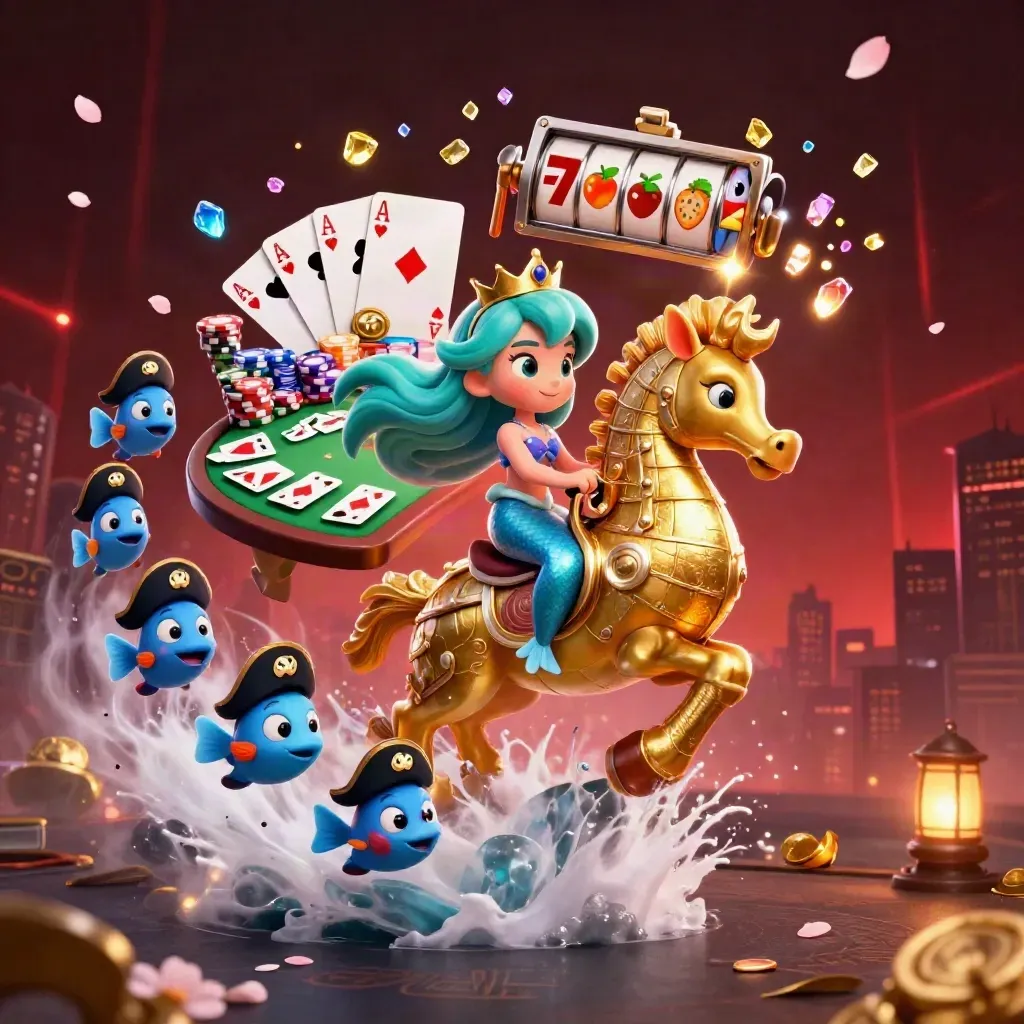 Mermaid princess on golden seahorse with fish, cards, chips, reels, and treasure