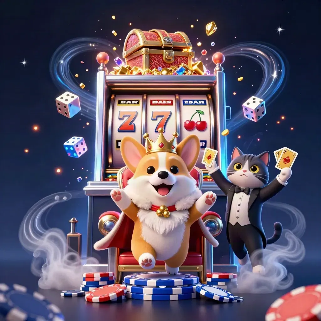 Royal corgi and cat butler burst loot from a glowing slot machine in a neon nautical casino.