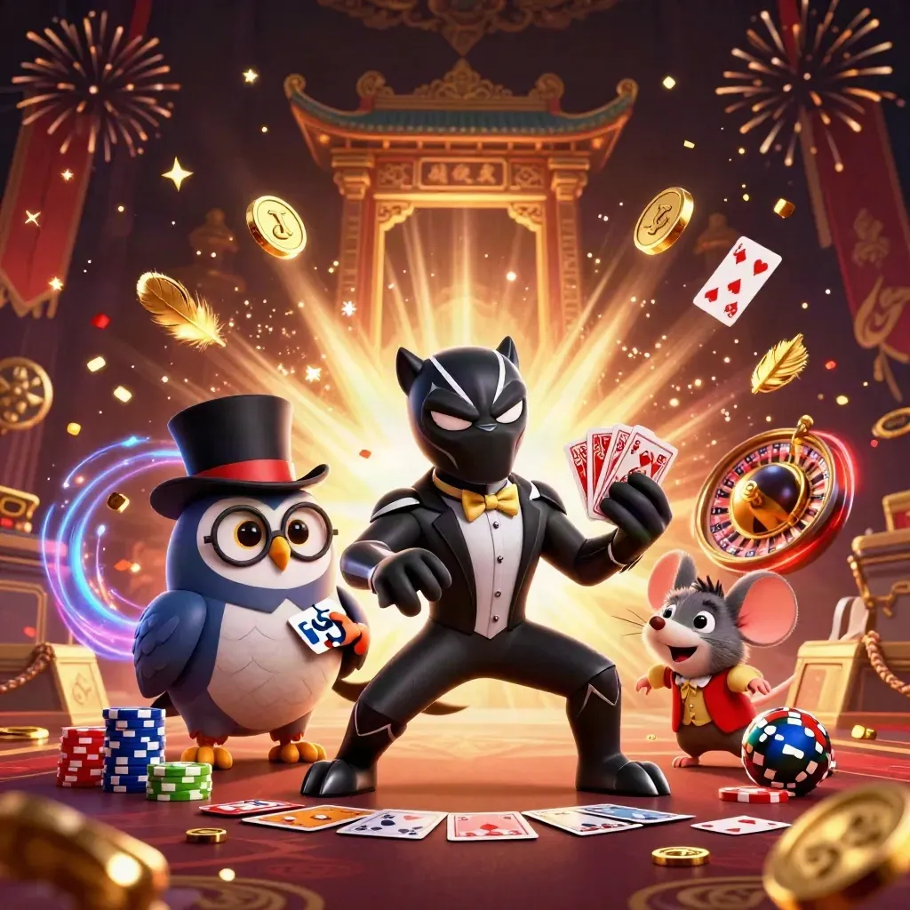 Panther, owl and mouse celebrate amid coins, fireworks and casino symbols in a luxe dark scene.