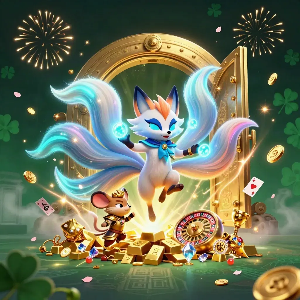 Fox spirit and samurai mouse amid a vault blast of gold, gems, cards and casino light