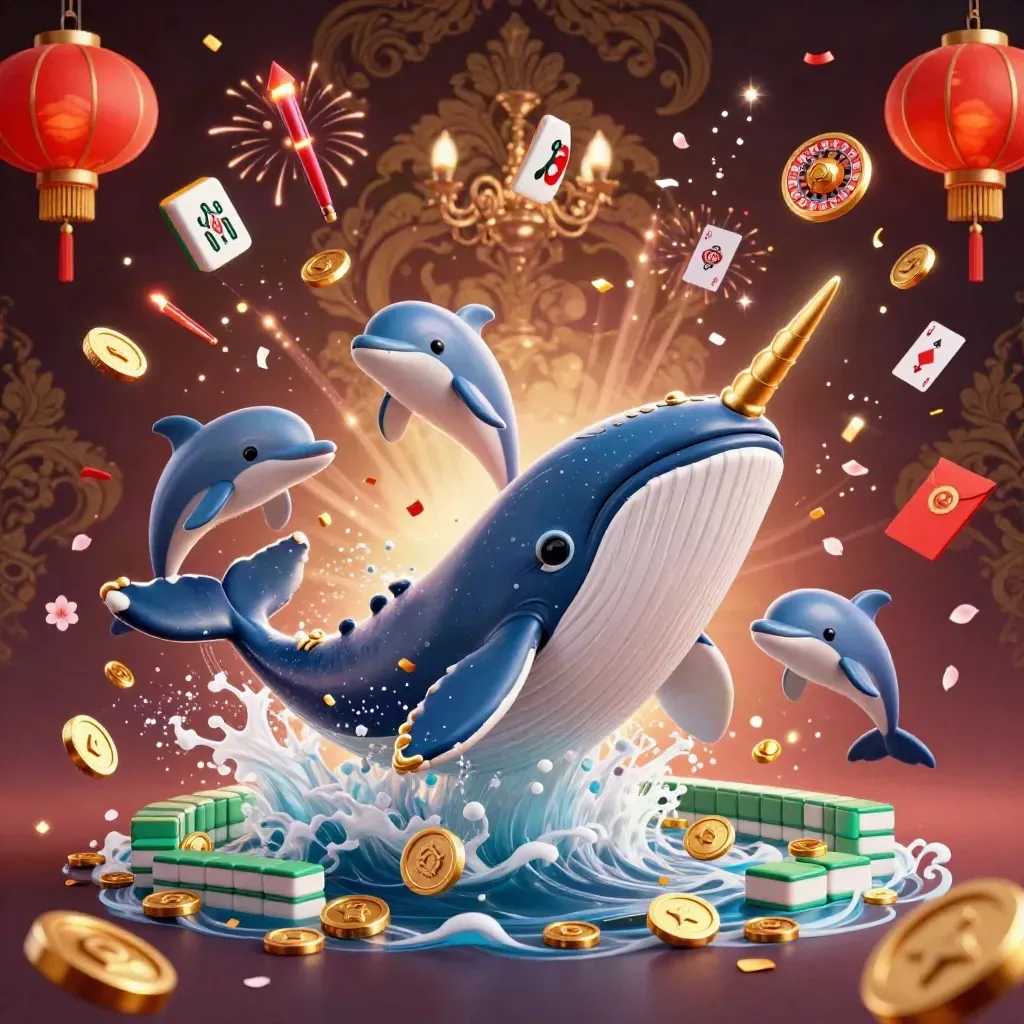 Captain whale, narwhal, and dolphins burst through coins with fireworks and casino symbols in luxe nautical colors.