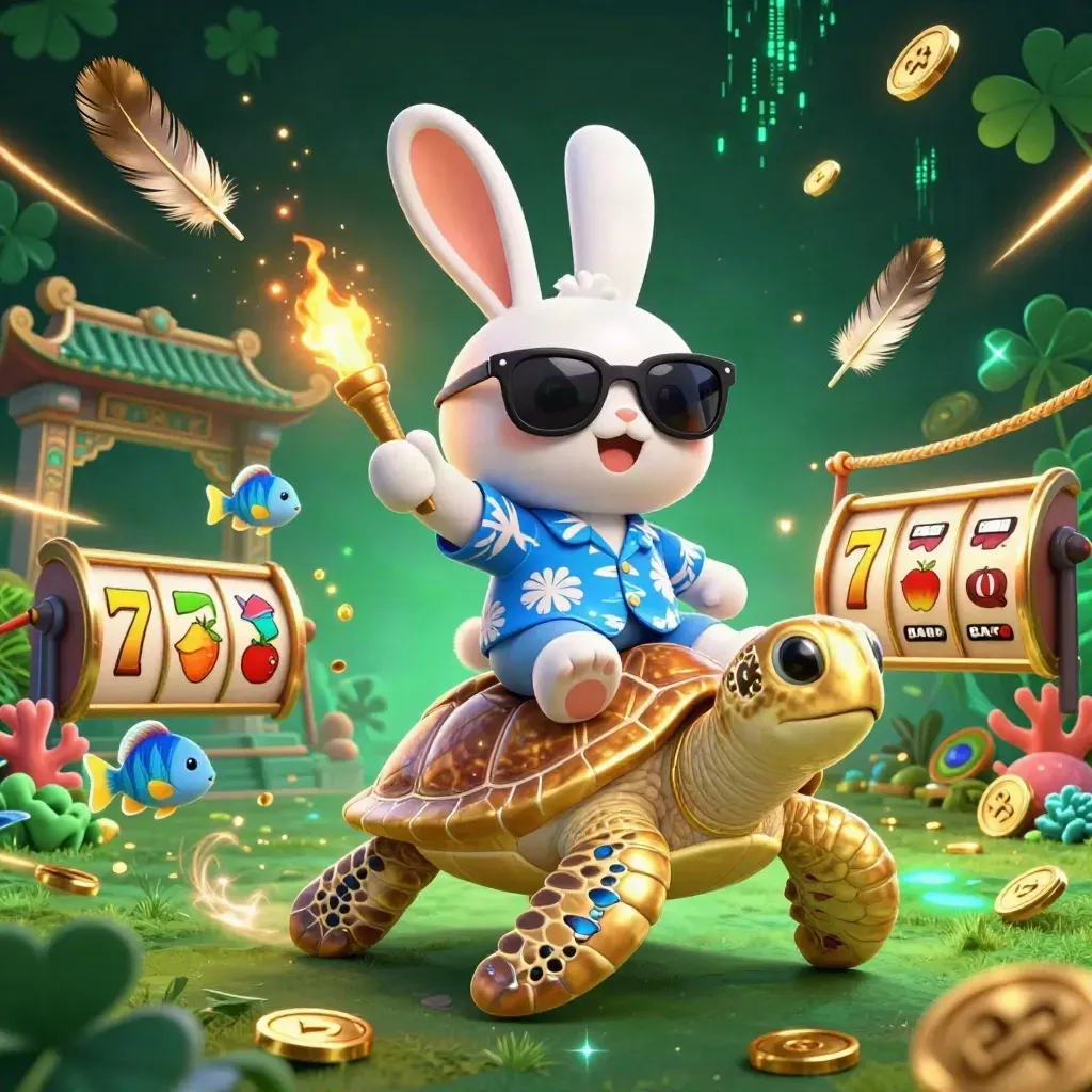Cartoon rabbit on a golden turtle in a dark neon casino scene with coins, reels, and temple gate