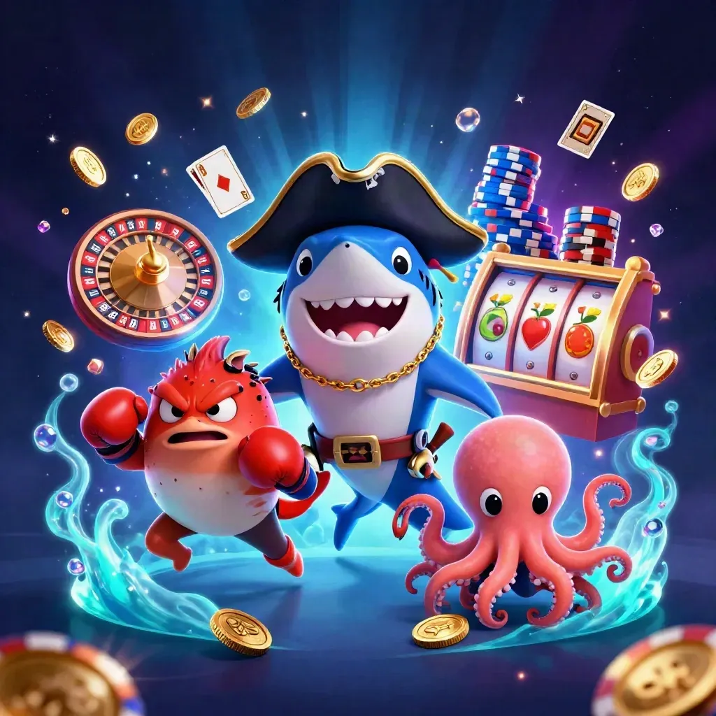 Shark captain, pufferfish and baby octopus amid casino coins, chips and reels on a dark neon backdrop.