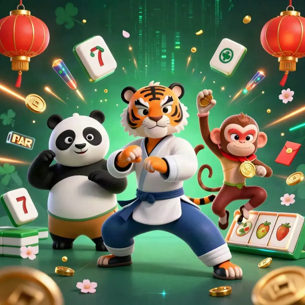Kung-fu tiger, panda, and monkey amid casino symbols on a dark emerald neon backdrop.