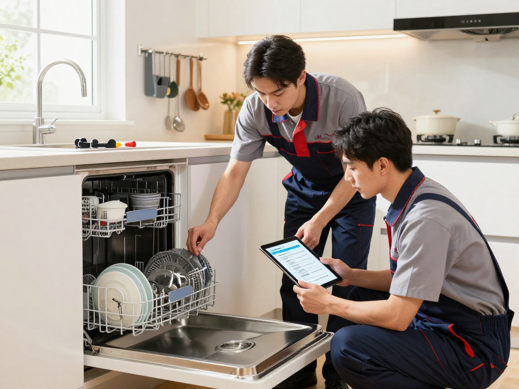 Dishwasher experts inspecting a modern kitchen appliance, showcasing professional service and care.